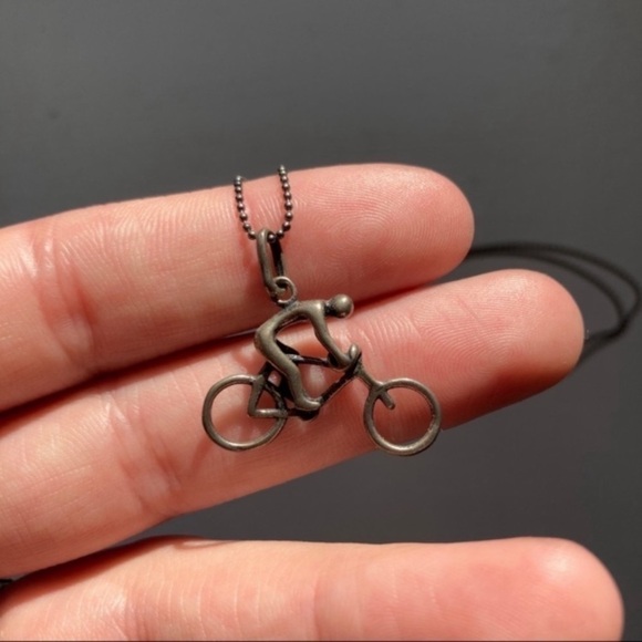 Handmade Cyclist Mountain Biker Brass Pendant Necklace - Picture 1 of 5